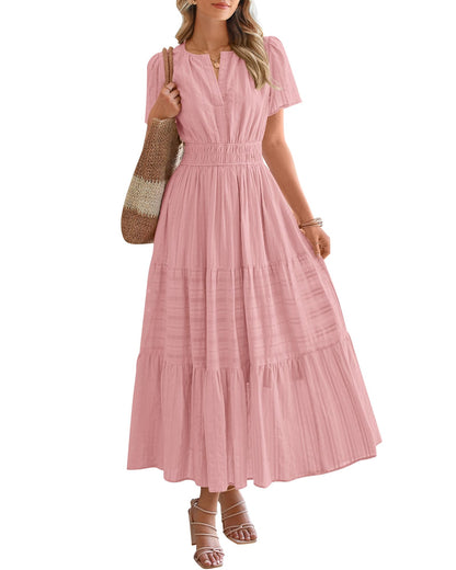 ⏰Hot Sale 50% OFF🎉Women's Lightweight Short Sleeve V Neck Elastic Waist Dress
