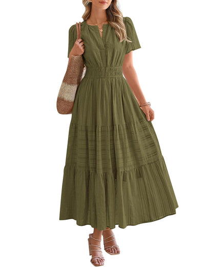 ⏰Hot Sale 50% OFF🎉Women's Lightweight Short Sleeve V Neck Elastic Waist Dress